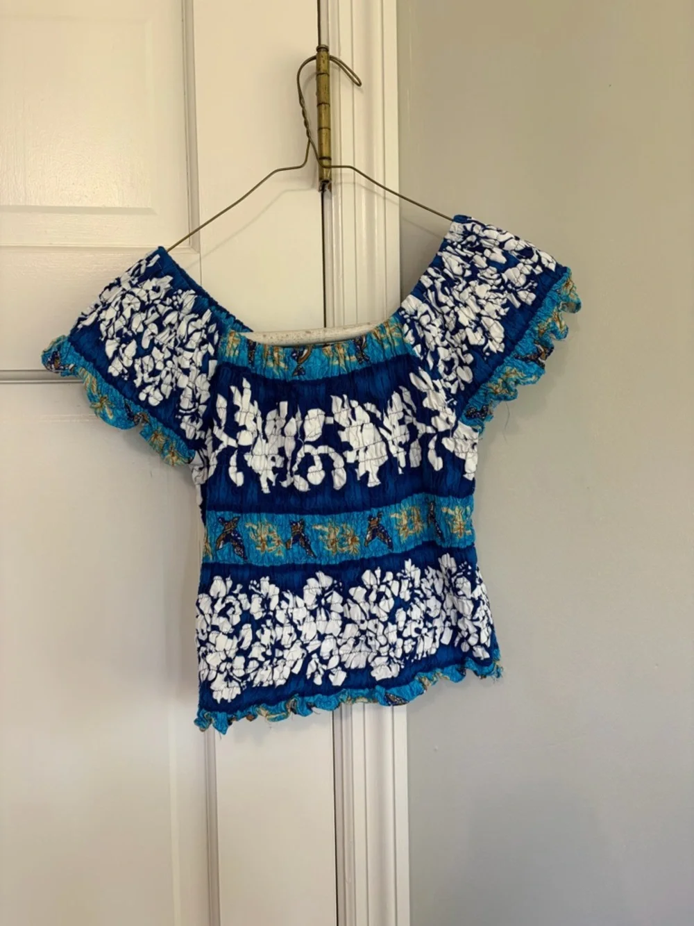 Blue Floral Smocked Square-Neck Crop Top - Picture 2 of 3